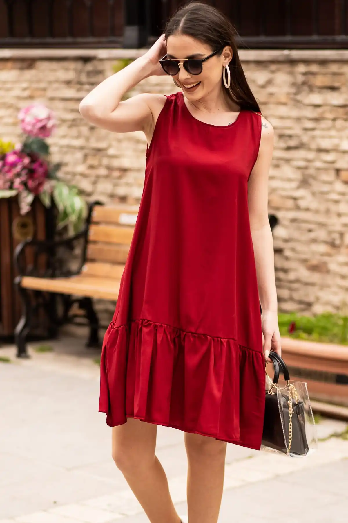 Rok Tanpa Lengan Burgundy Wanita Gaun Berenda 2021 Pakaian Kasual Modis Musim Semi Musim Panas