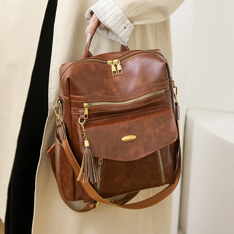 Women Vintage PU Leather Backpack Multifunctional Convertible Shoulder Bag Large Capacity Retro Travel Backpack Ladies Daily