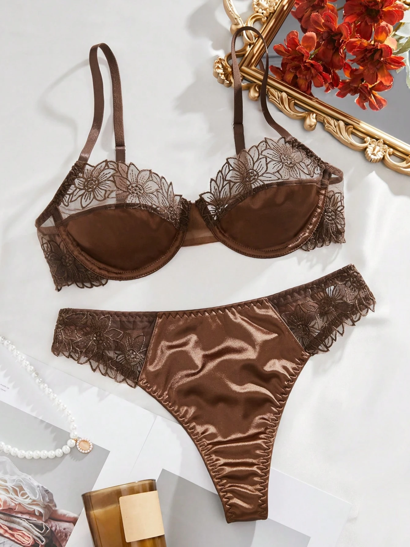 Hot-Selling 2-Piece Floral Embroidery Sexy Bra Set - Sunflower Embroidered Underwired Semi-Sheer Lingerie Set, Ideal for Dates,