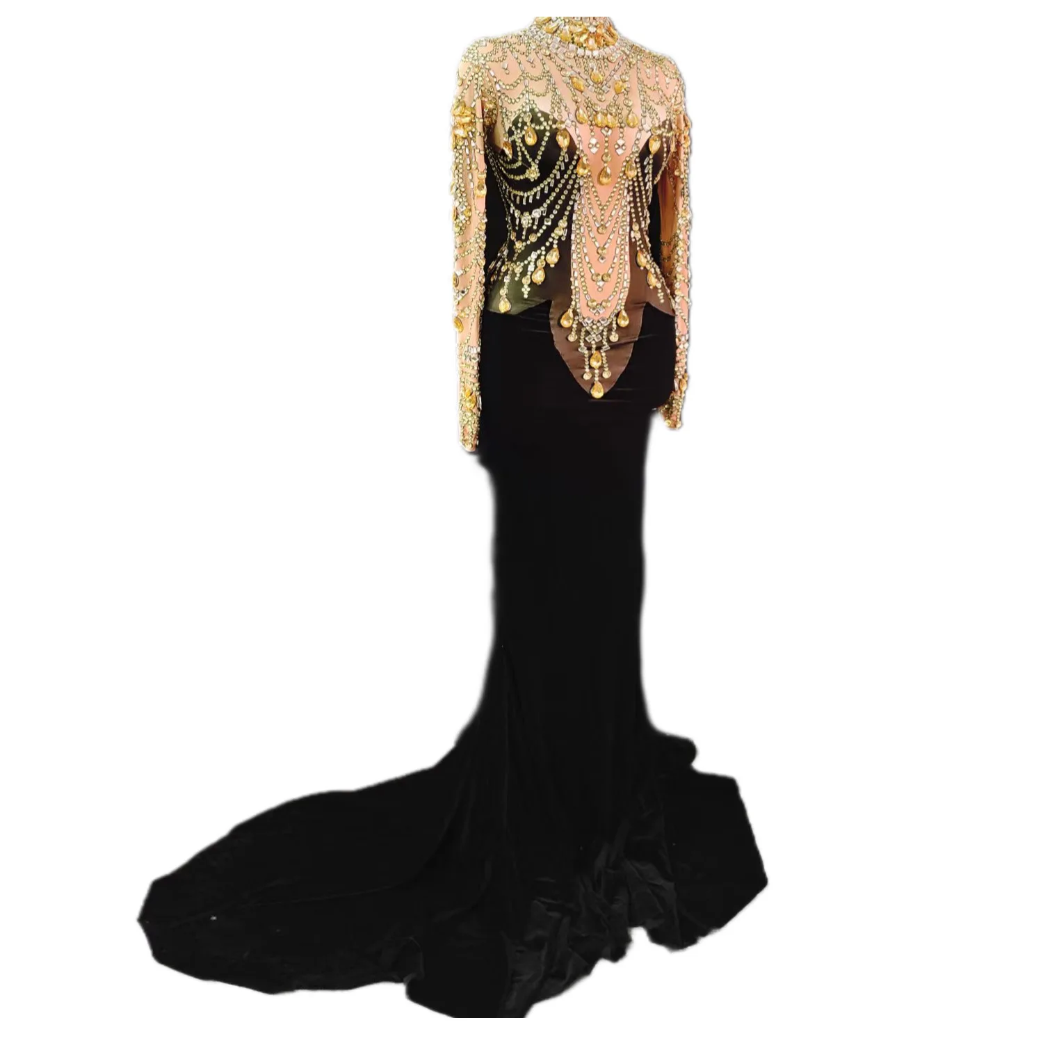 

Long Sleeve Shining Rhinestones Crystal Sexy Black Swan Velvet Trailing Dress For Women Stage Costume Celebrity Elegant Cloth