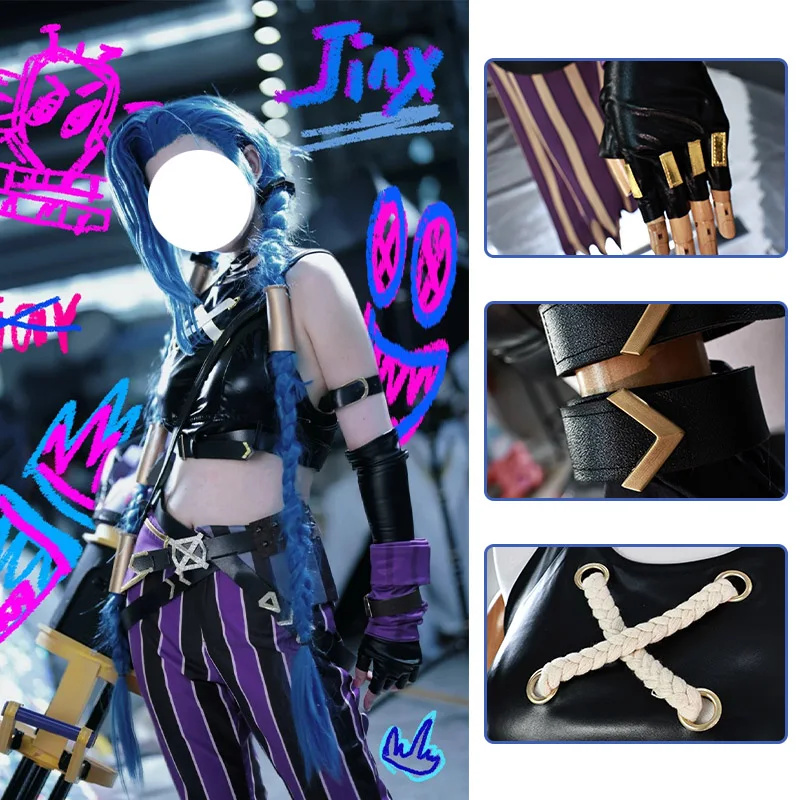 LOL Jinx Cosplay Costume Anime LOL Arcane Jinx Cosplay Outfit Uniform Halloween Suit Halloween Costume Jinx Wigs Chanel