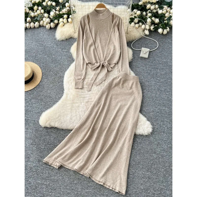 

Korean Style Chic Scheming Design Cross Strap Stitching Long Sleeve Knitted Tops High Waist Skirt Temperament Suit Women 2-piece