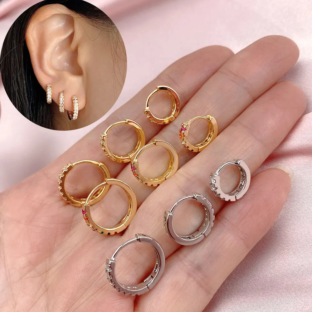 8/10/12mm Geometric Hoops Gold Color Mosaic CZ Hoop Earrings for Men Women Round Huggies Small Ring Rainbow Pierced  Earring