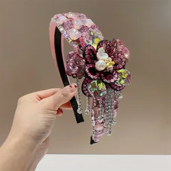 Rhinestones Headbands Purple Pink Crystal Flower Hairbands Party Cosplay Headpiece Sparkle Laser Hair Hoop for Women Wholesale