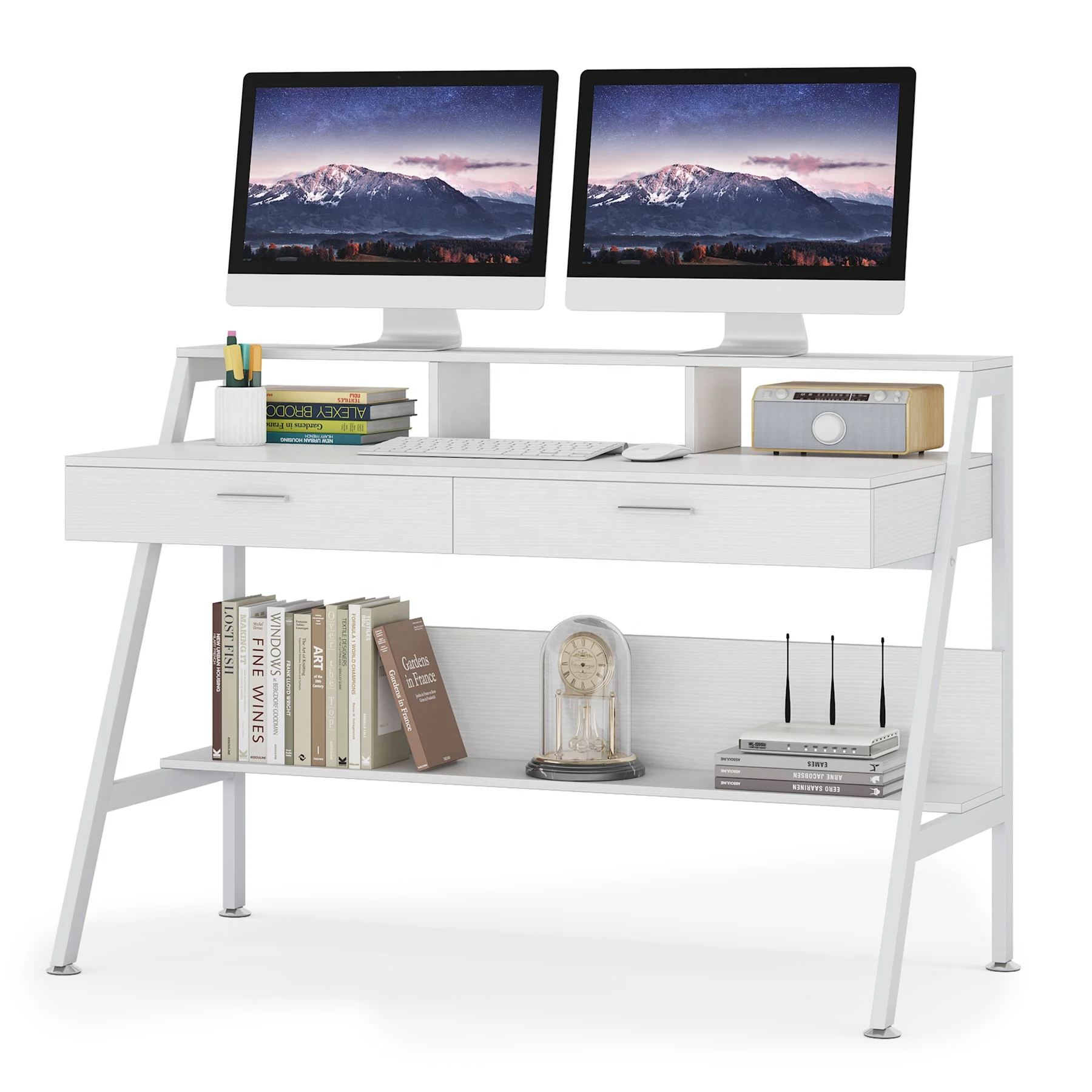 Wholesale Modern Simple White Computer Desk Wood Writing Desk Study Table with Bookshelf and Drawers