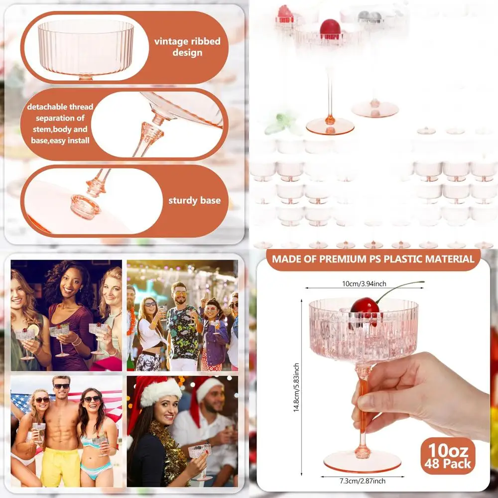 

10 oz Vintage Ribbed Martini Glasses - Disposable Plastic for Weddings, Parties & Desserts (Champagne Powder)