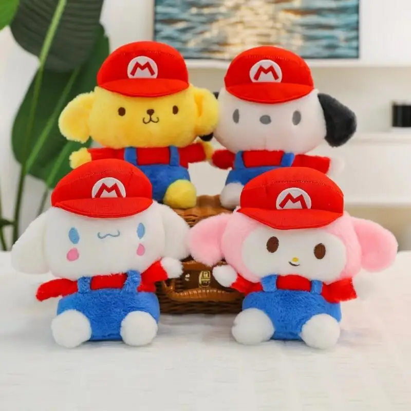 Sanrio cute Family Character Peripherals Cinnamoroll Purin Dress Up Mario Series Red Hat Doll Home Decoration Birthday Gift