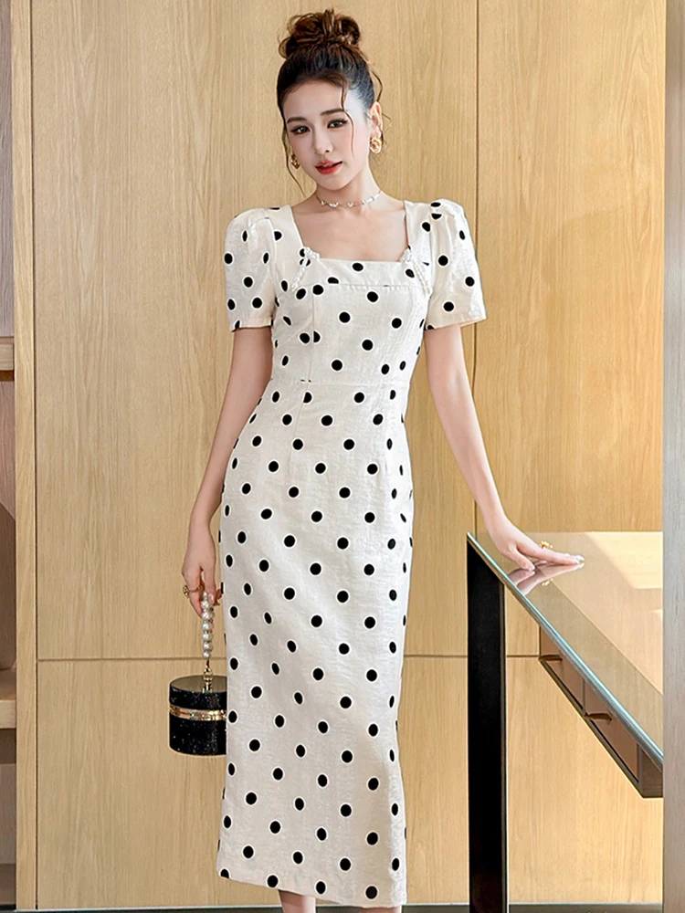 Nieuwe Zomer Vrouwen Retro Dot Parel Vierkante Hals Midi Kokerjurk Elegant Kantoor Formele Gelegenheid Gewaad Party Prom Slanke Dames Casual
