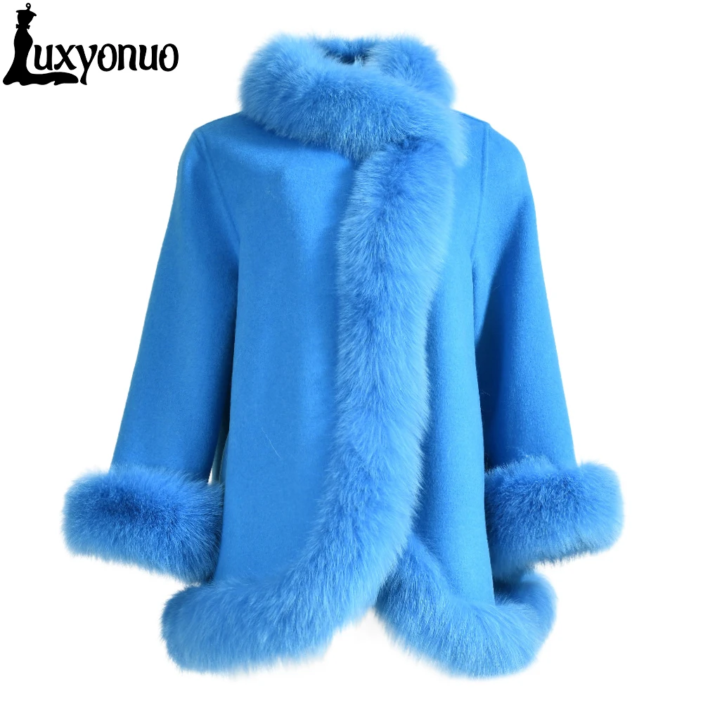 

Luxyonuo 2022 Double Faced Cashmere Wool Coat Loose Style Luxury Real Fox Fur Trim Winter Jacket Women Ladies Elegant Outerwear