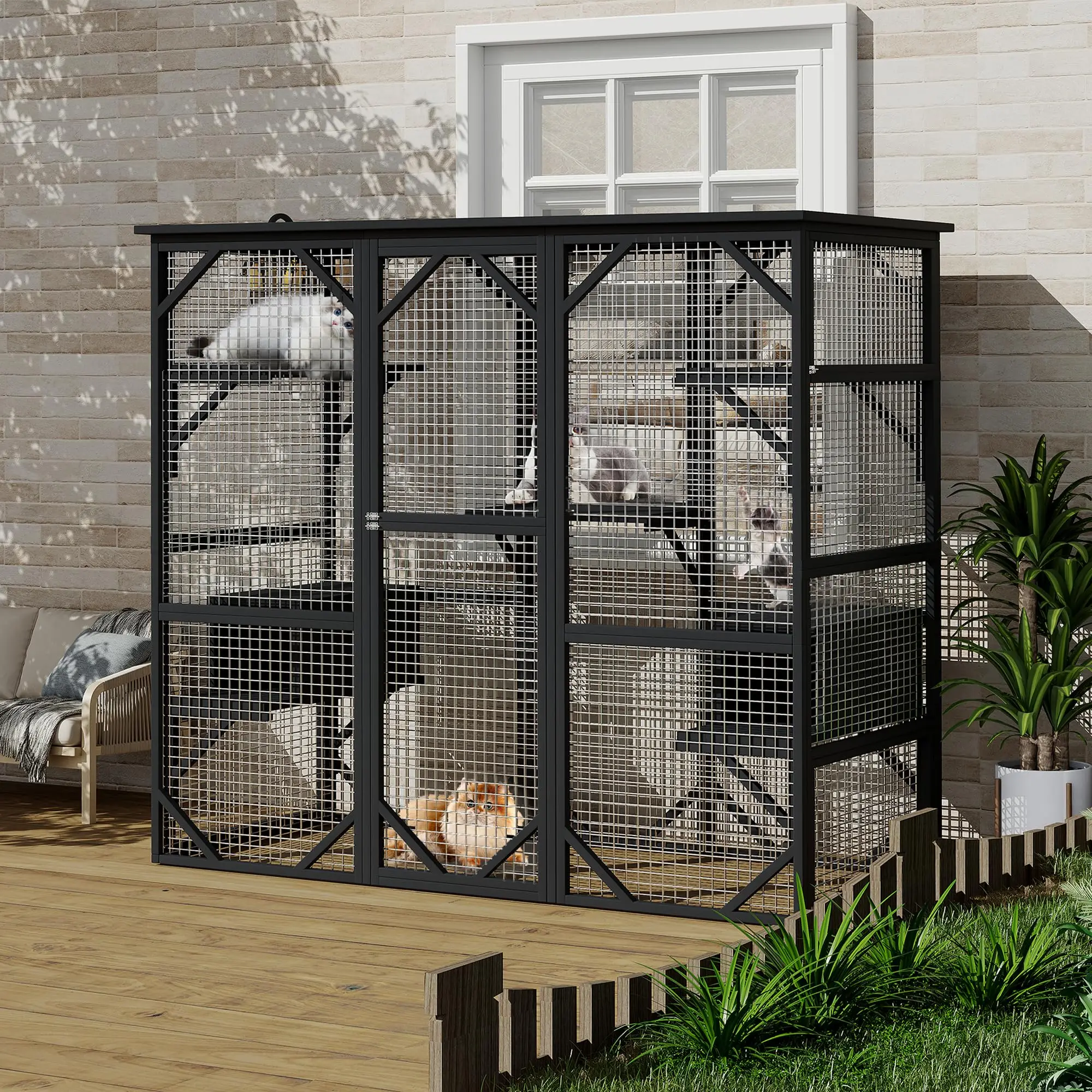 Catio Outdoor Window Cat Enclosure, Walk-in Cat Cage, Extra Large Wood Catio with Detachable Window Panels, 70