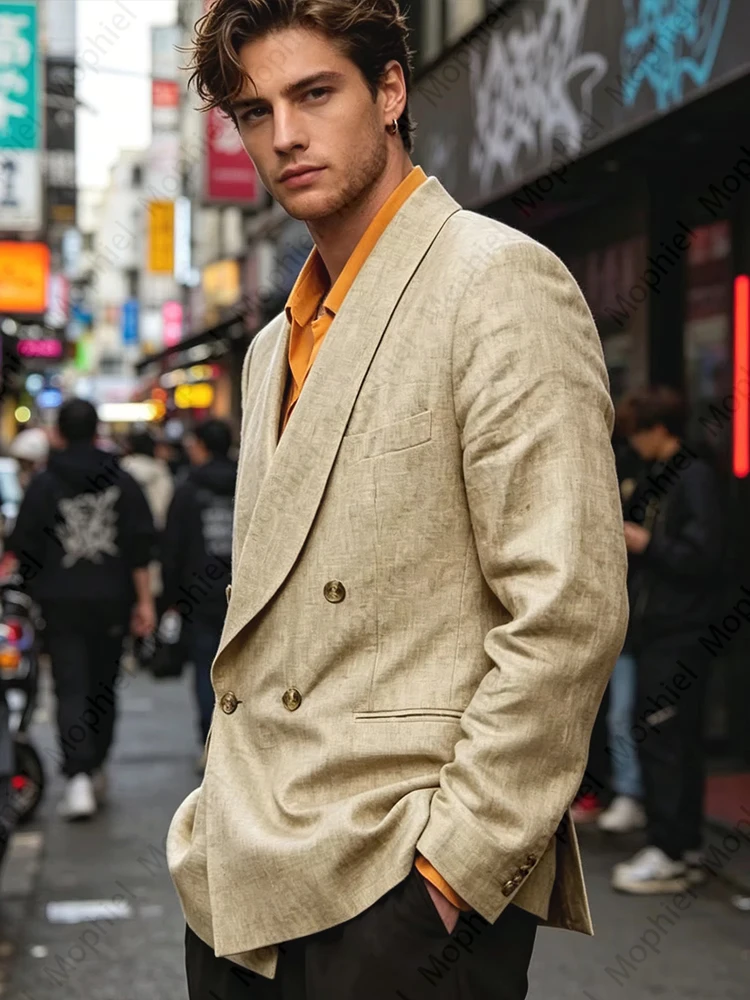 Men Linen Suits Shawl Collar Double Breasted Slim Fit Lightweight Breathable Blazer Casual Jacket Summer Business Wedding Tuxedo