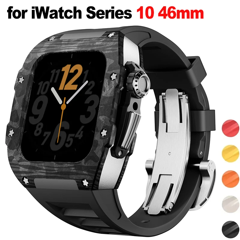 

Luxury Modification Kit for Apple Watch Series 10 42mm 46mm Carbon Fiber Case Silicone Strap for iWatch Series 10 46mm Wristband