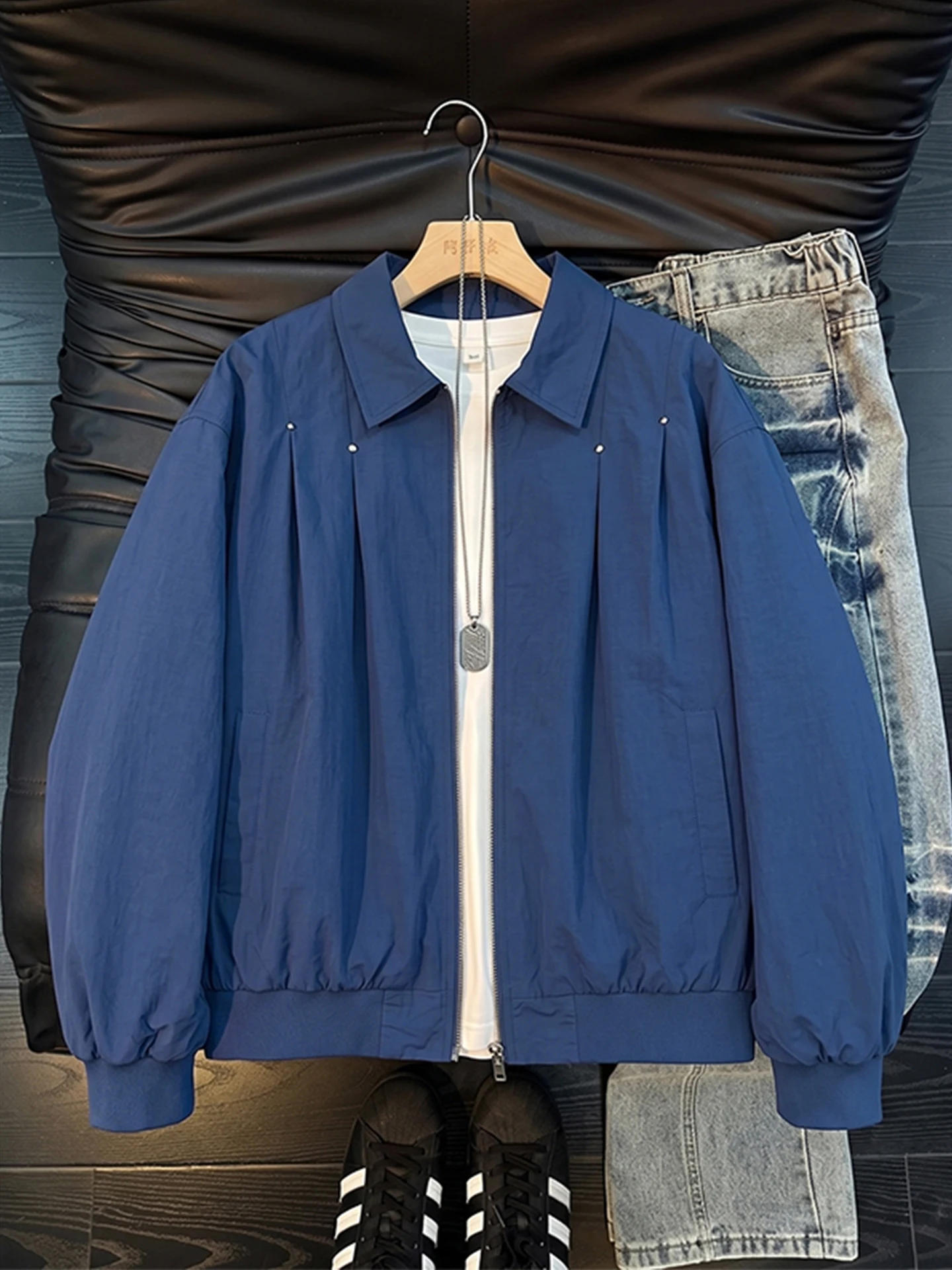 American Style Rivet Pleated Collar Men's Short Baseball Design Flight Jacket Youth Trendy Ice Sensation Fiber Sport Coat