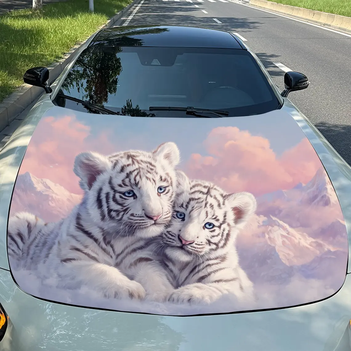 

Car Decals Realistic White Tiger Cubs with Striking Blue Eyes Amidst a Soft, Colorful Sky and Mountainous Backdrop Car Hood Stic