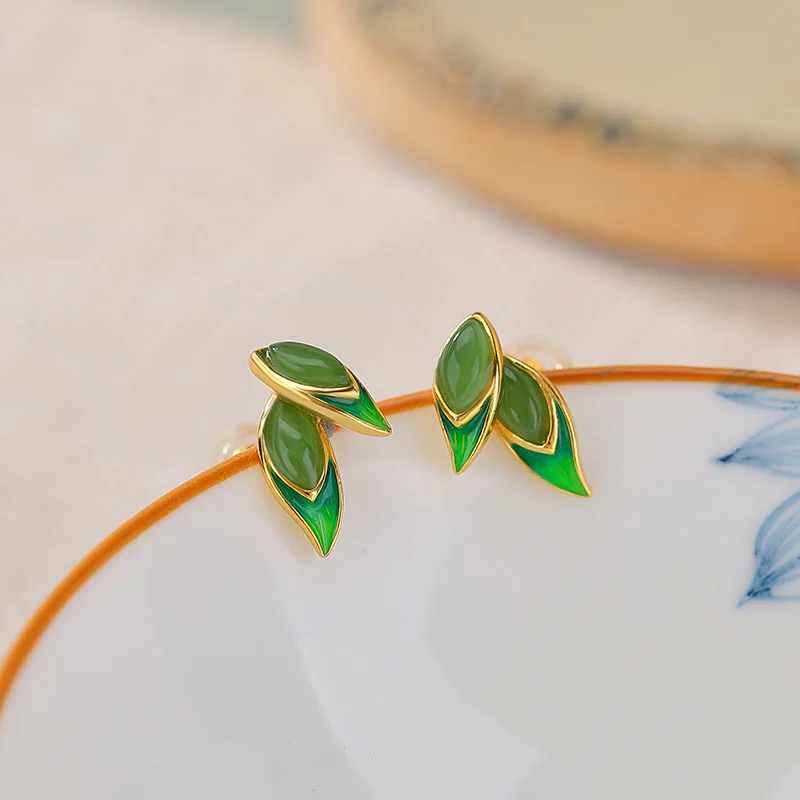 Natural Hetian Jade Earrings, S925 Vintage Jadeite Ear Jewelry, Silver Accessories