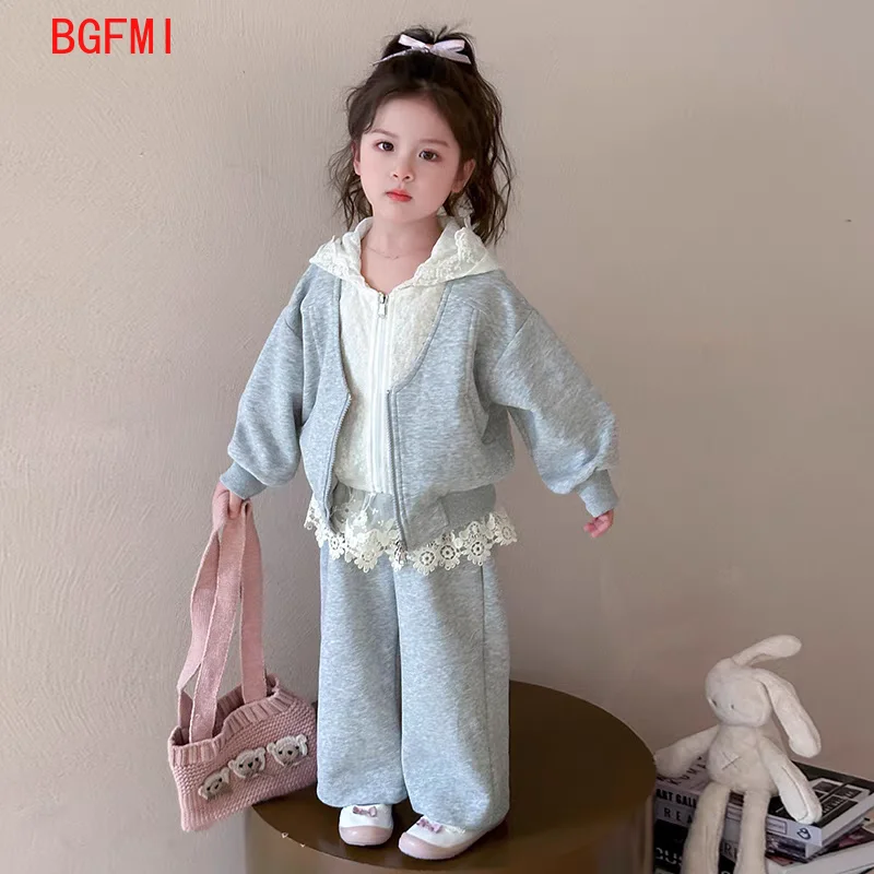2-10y-子供用グレーレースパッチワークジッパーセット女の子用パーカージャケット-パンツツーピースセット女の子用韓国ファッション春服