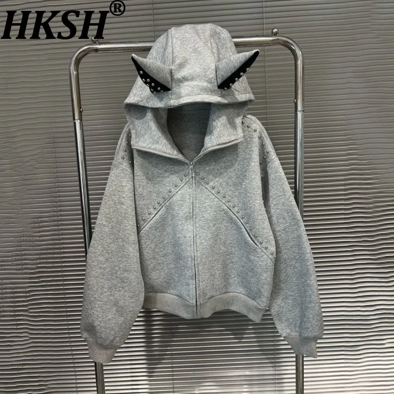 

HKSH Autumn New Women Sweatshirt Hooded Spliced Contrast Color Zipper Rivet Decoration Stylish Korean Streetwear Jackets HK12061