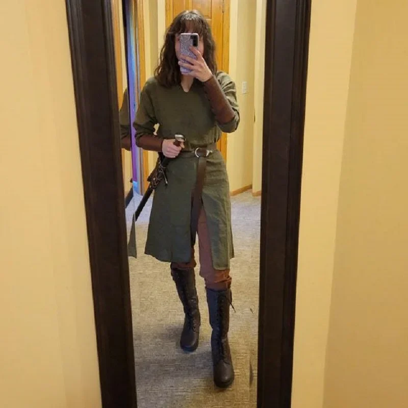 الكبار الرجال القرون الوسطى فارس المحارب زي الأخضر تونك الملابس نورمان شوفالييه جديلة فايكنغ القراصنة ساكسون LARP قميص علوي @ AS #