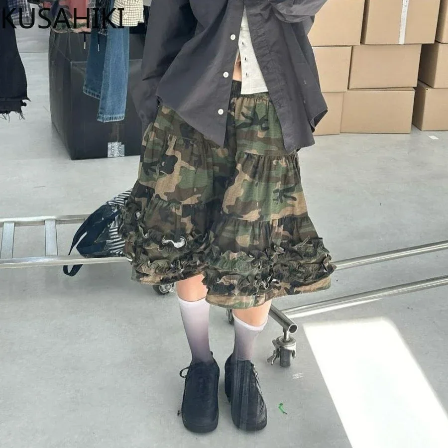 

KUSAHIKI Street Retro Camouflage Pattern Pleated Lace Bottom Cake Skirt Casual Versatile Slimming Skirts