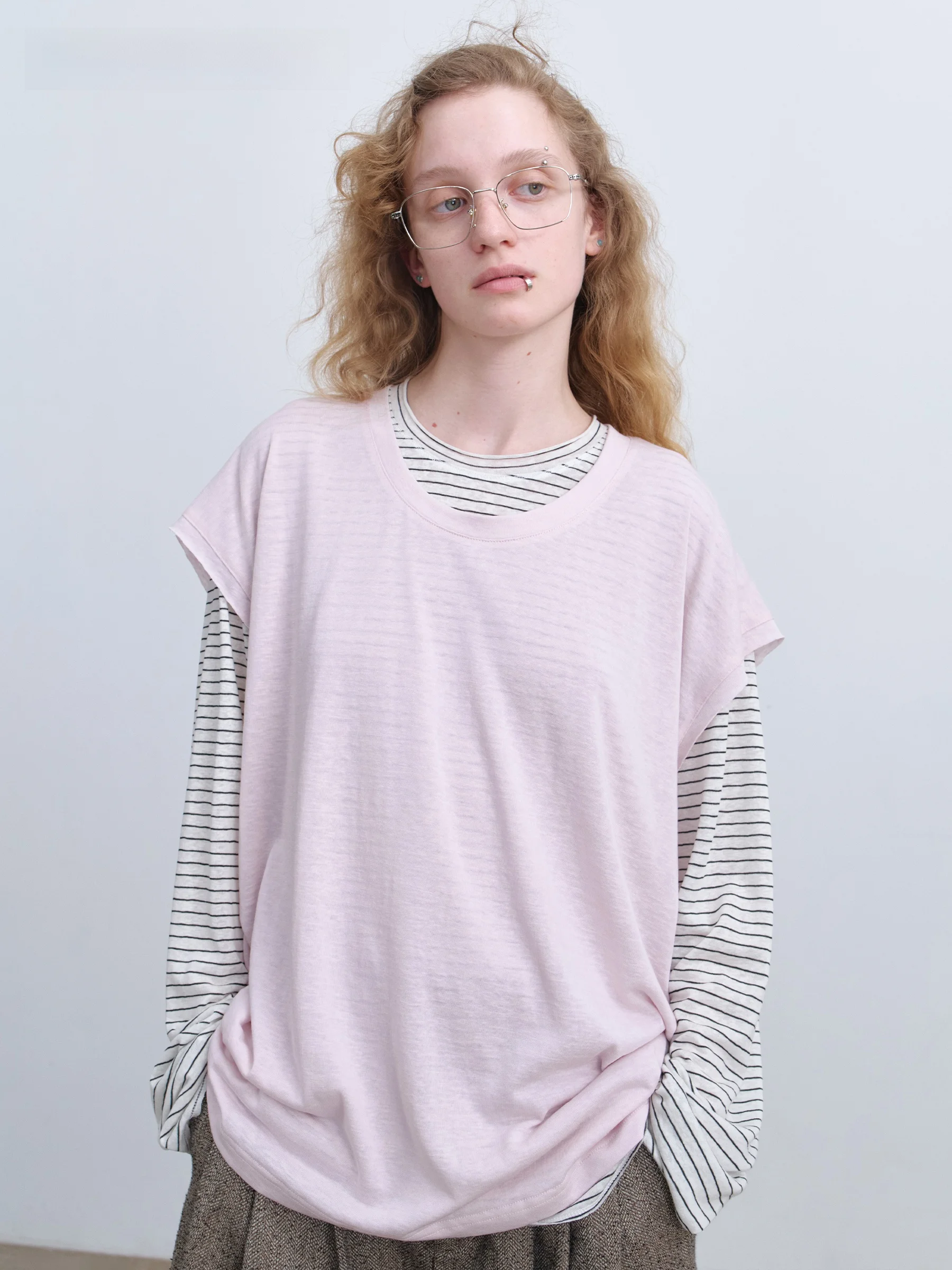 VERMO Transparent Color Texture Layered Vintage Unfinished Frayed Linen T-Shirt Two-Piece Set Casual round Neck Short Sleeve