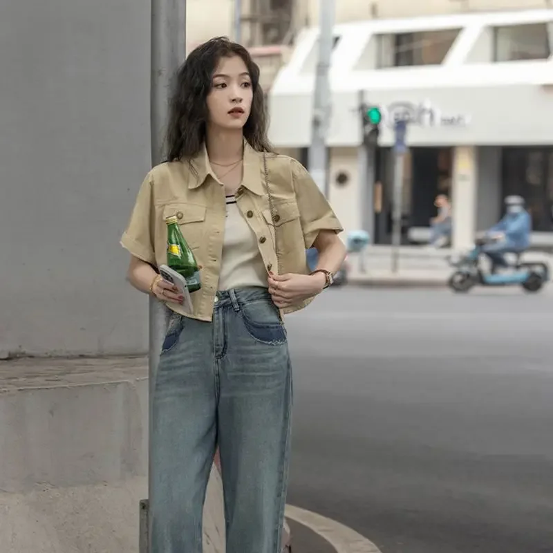 Retro Hong Style Kurzarmshirt Damen Leichtes Sommer Neues Modell Oberbekleidung Shirt Kurzarm Arbeitskleidung Top