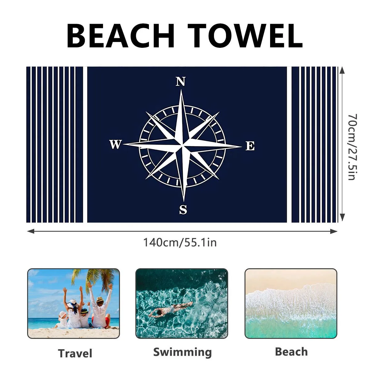 Compass Beach Towels Navy Blue Soft Pool Swimming Microfiber Towels for Adults Men Sports Gym Bath Towel Cruise Vacation Gifts