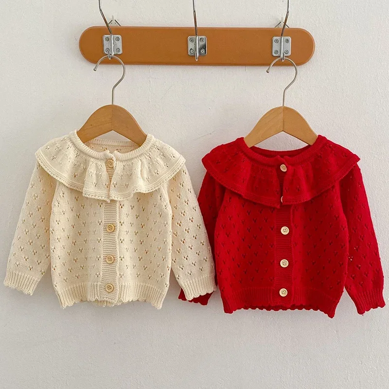 Autumn New Girls Cardigan Baby Garments Knitted Sweaters Ruffled Collar Baby Girls Cardigan Baby Coat Retro Long Sleeve Jacket