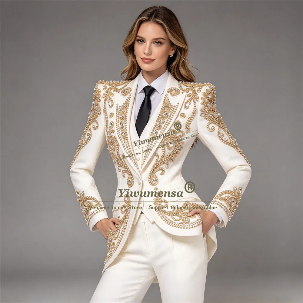 Newest Women's Suit Long Fashion Slim Fitting Strass Diamonds Beaded Blazer Pants Set 2 Pieces Sets костюм женский брючный 2027