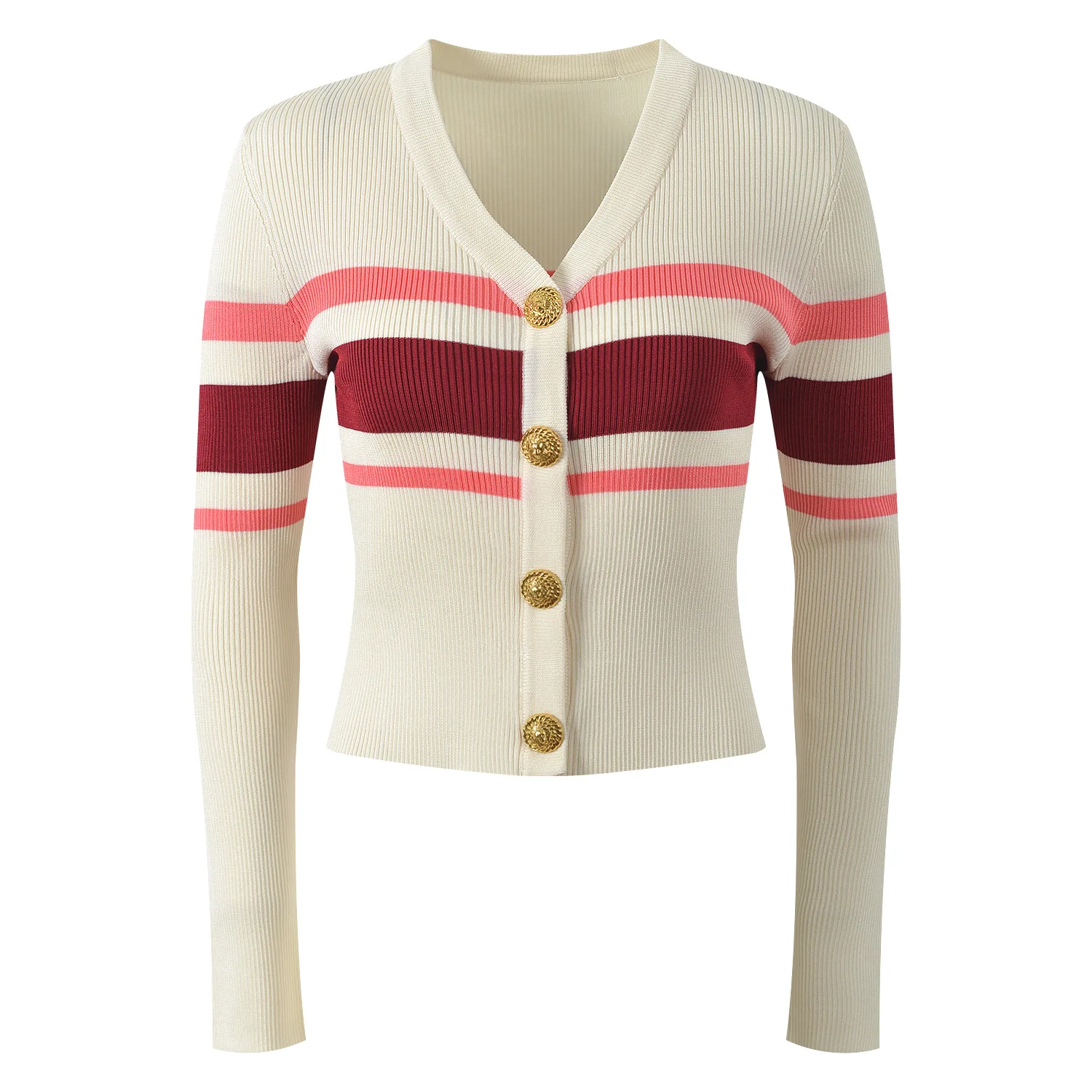 

Модный приталенный вязаный кардиган с V-образным вырезом, золотыми пуговицами, в полоску, с цветовыми блоками, высококачественная женская весенняя верхняя одежда