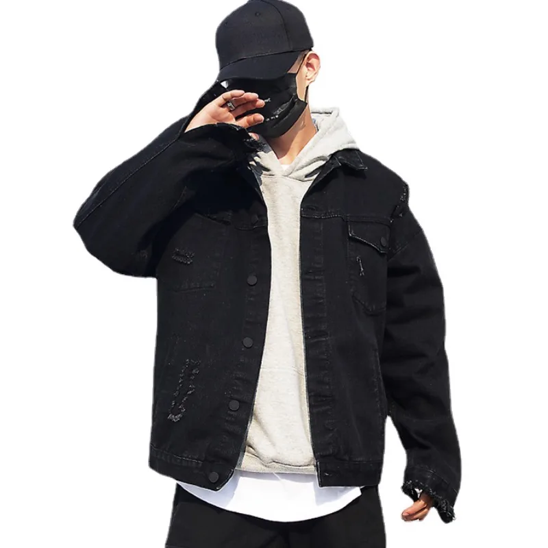 Veste en jean brodée d\'aile arrière pour hommes, manteau en denim, jean baggy, combinaison hip hop, mode Harajuku, streetwear décontracté