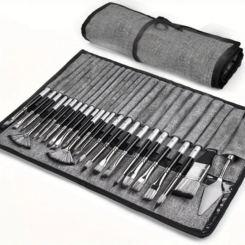 24pcs Nylon Hair Paint Brushes Set,Professional Artist Brush With Roll-Up Canvas Case,Multi-Shape Brushes For Artists & Students