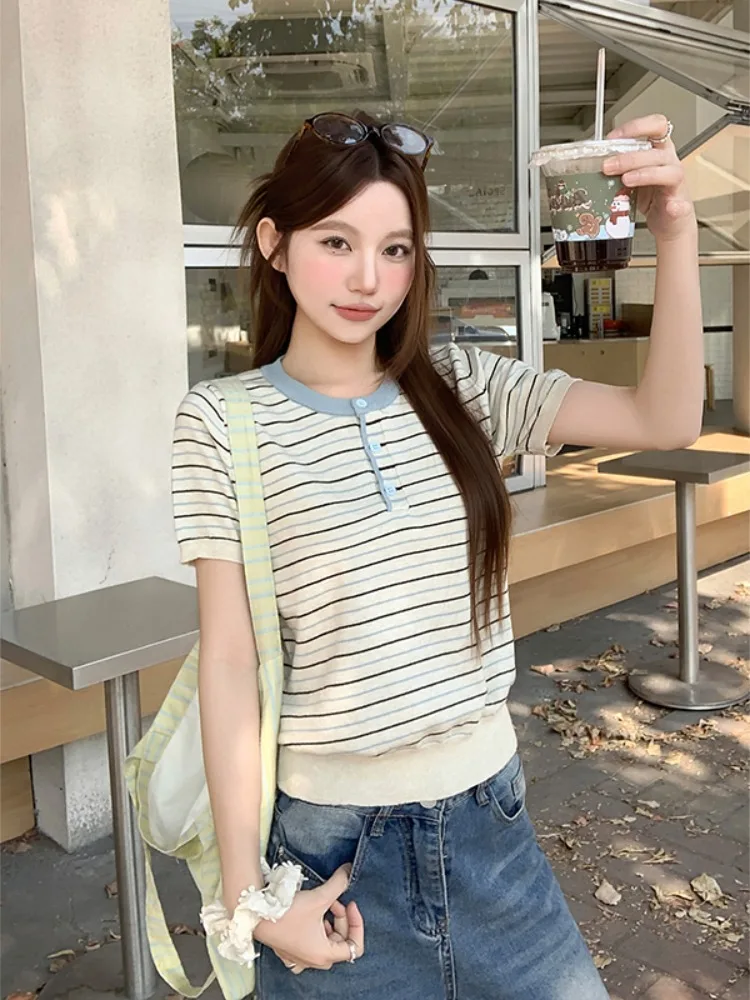 

Women's Knitted Short Sleeve round Neck Striped Top Commute Style Casual Summer New Arrival Versatile Loose Fit Fiber Blend