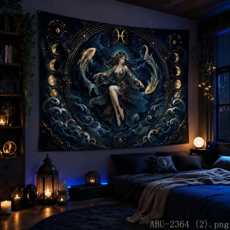 VIKAMA Pisces Moon Phase Waves Mermaid Starry Sky Tapestry Tea Room Quiet Atmosphere Living Room Decoration