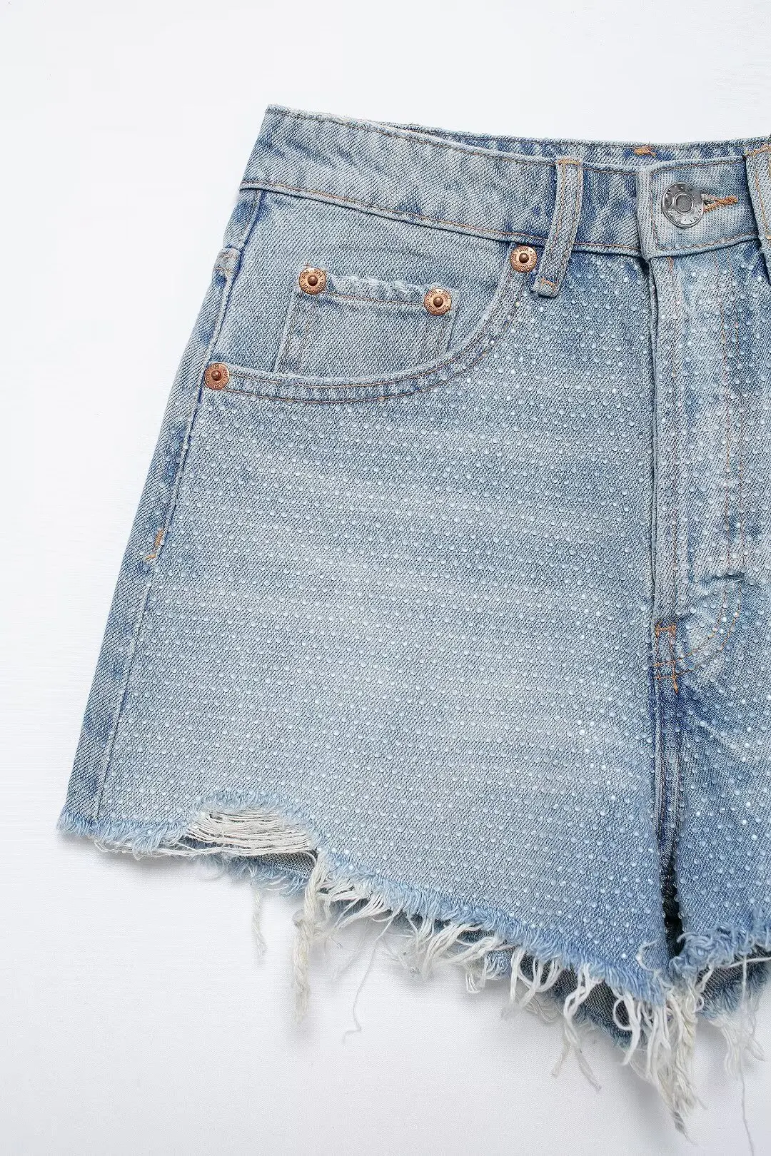 Women's 2024 New Chic Fashion Casual Rhinestone Decorative Raw Edge Denim Shorts Retro High Waist Zipper Women's Shorts Mujer