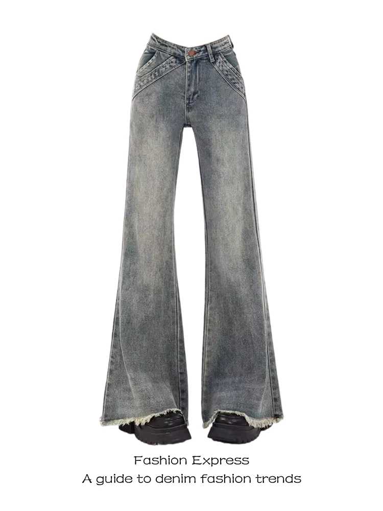 

High Waist Bell Bot Jeans Women's Autumn Winter Faion Slimming Non Fitting Frayed American Retro Sle Long Pants