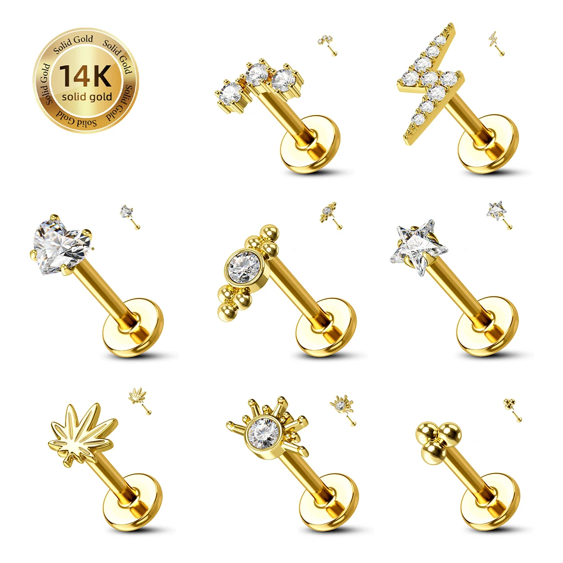 

Fashion CZ 14k Gold Labret Perforated Heart Star Lip Stud Threadless Earrings Earrings Ear Cartilage Body Perforated Set Acceies