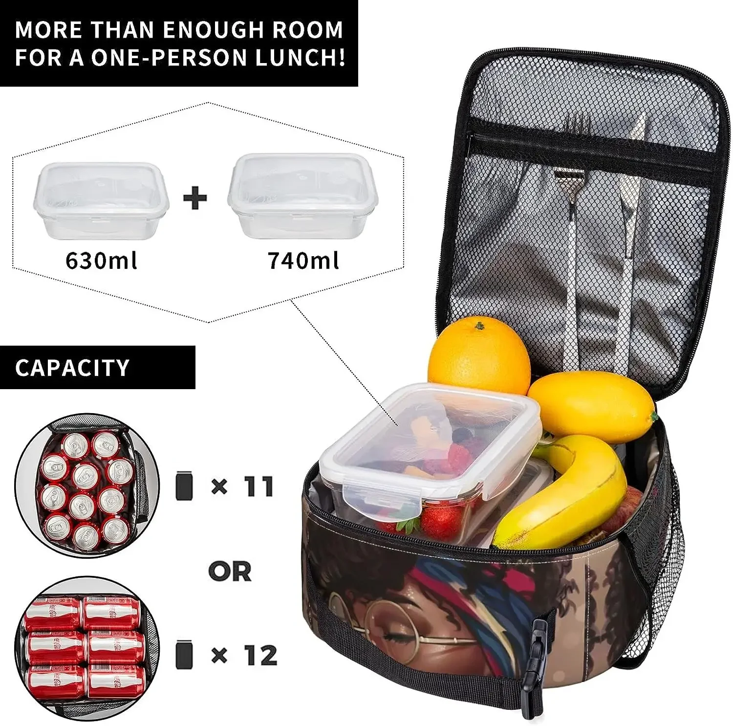 African American Afro Woman Lunch Bag Portable Insulated Lunch Box Women Reusable Thermal Bento Bags for Travel Picnic Work