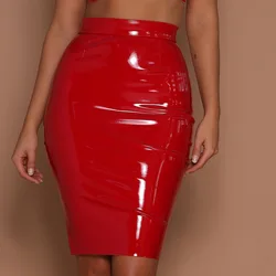 Kobiety PU Skórzane spódnice Kamizelka Czerwony Czarny Wysoka talia Smukłe spódnice ołówkowe Vintage Bodycon Mini spódniczki Sexy Clubwear S-3XL