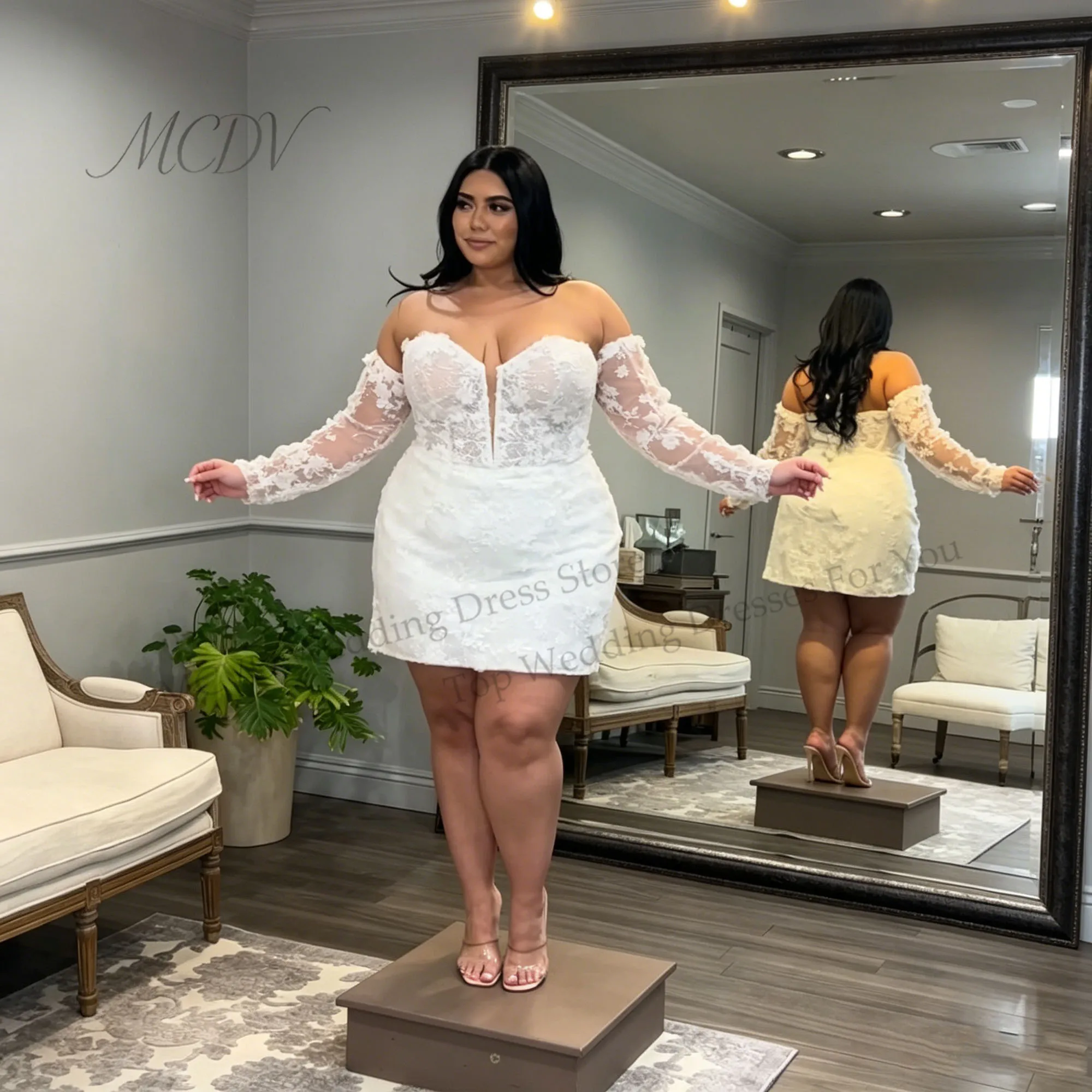 Mini Lace Wedding Dresses Plus Size Strapless Detachable Sleeve Flowers Reception Gowns Straight Bride Party Dresses Customized