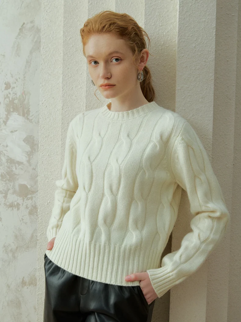 SuyaDream, 2026 Ladies Heavyweight Thick Wool Cable Knit Jumper, Raised Textured Cable Pattern Crew Neck Cropped Knit Top