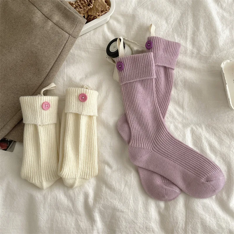 Women Girls Knit Ribbed Long Socks Solid Color Cute Buttons Decor Lovely Stockings Spring Fall Casual Mid-Calf Socks