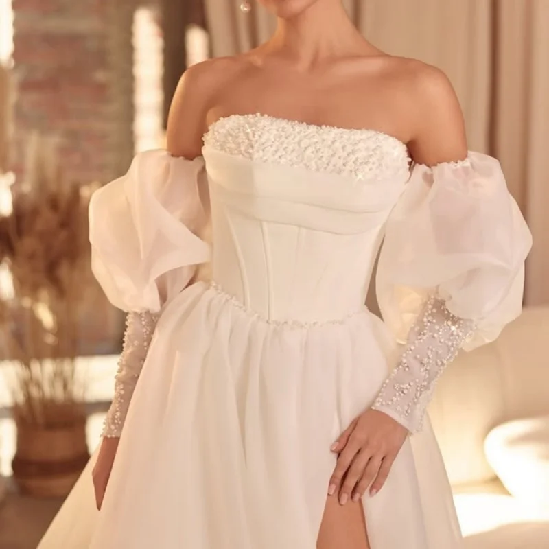 ivory white Appliques Wedding Dresses crystal decal off-shoulder vent Bridal Gowns Made Customized