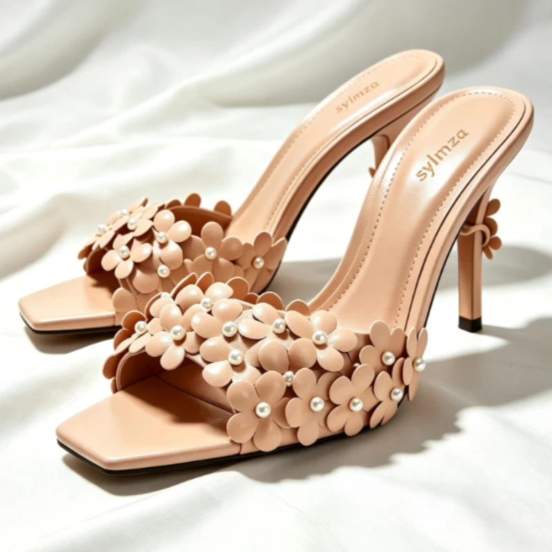 Unique 3D Floral Pearl Detail Heeled Mule Sandals Women Fashion Square-Toe Open-Toe Slip-On Sandals Luxury Evening Dress Shoes
