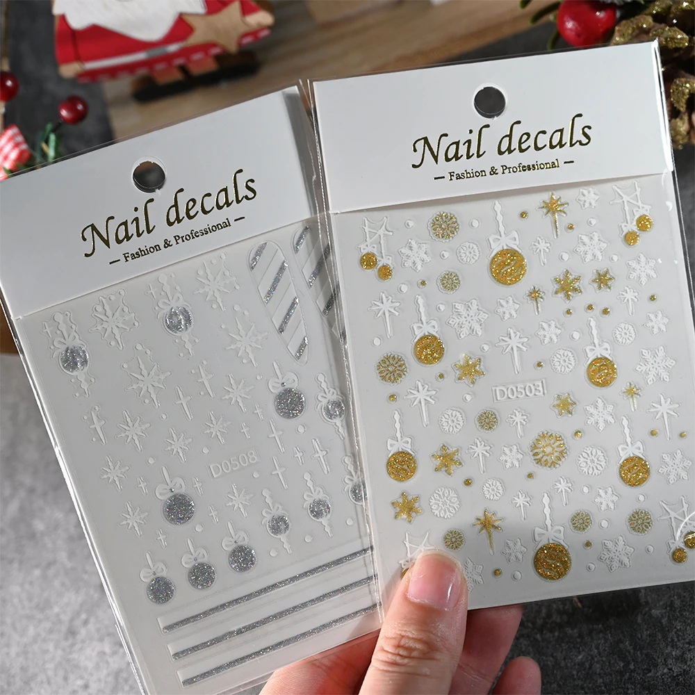 Glanzende glitter bel lantaarn sneeuwvlok nail art sticker reflecterende glitter kerst sliders Franse lijnen winter nieuwjaar stickers