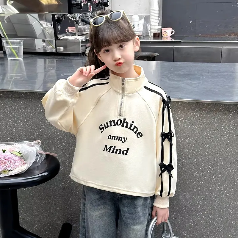 

New Spring Child Violet Clothing For Girls Turtleneck Sweatshirts with Zipper Kids Long Sleeve Streetwear Top Outfit with Bows