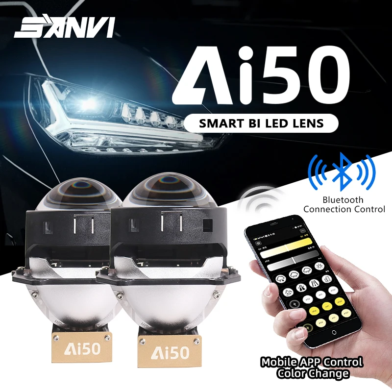 Sanvi Dual Refectors Ai50 Bi LED Projector Lens App Bluetooth with Mutiple Colors 3000K 4300K 6000K LED Headlamp Auto Parts