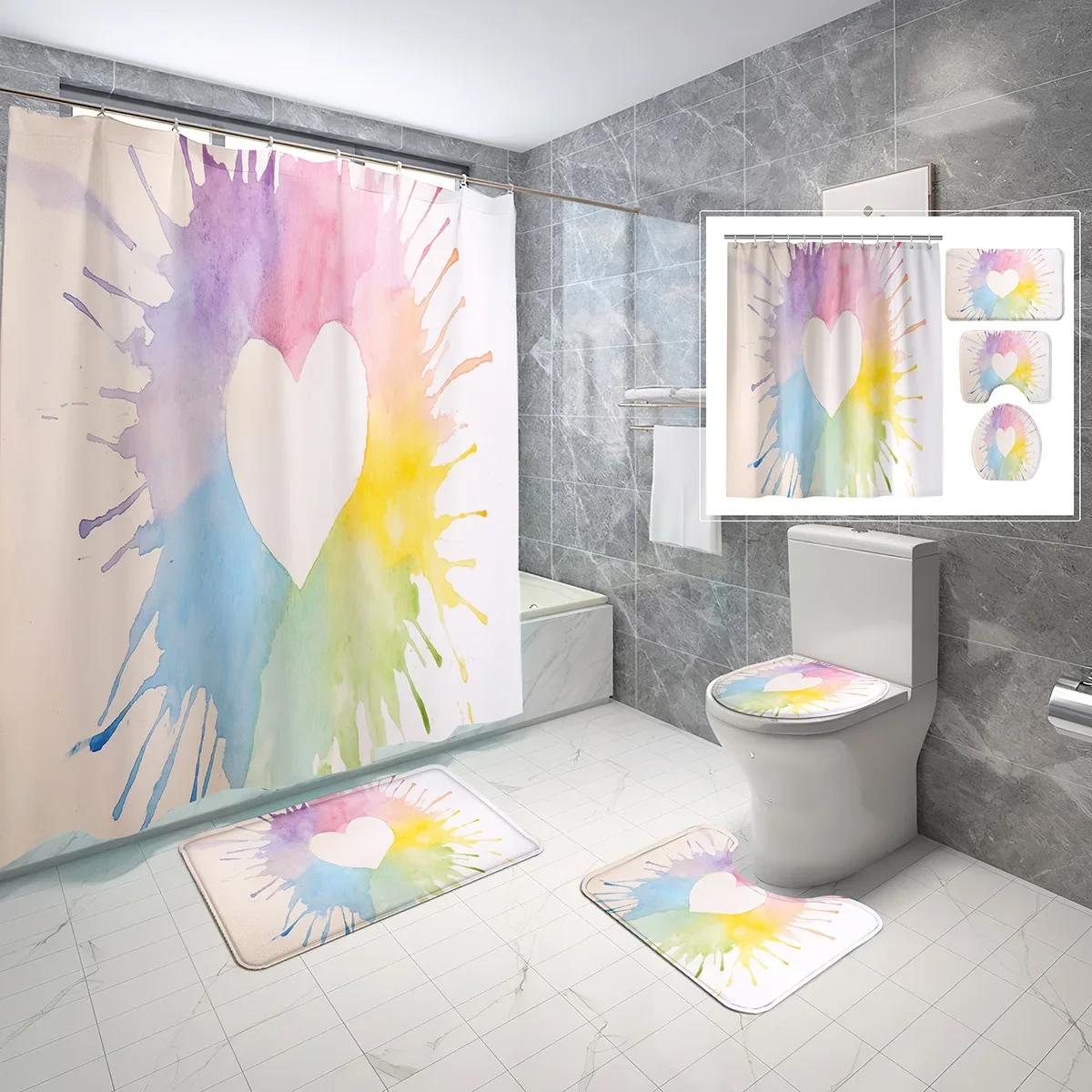 4 PCS Colorful Heart Shower Curtain Set,Minimalism Artistic Bathroom Waterproof Bath Curtain,Non-Slip Bath Mat Toilet Cover Sets