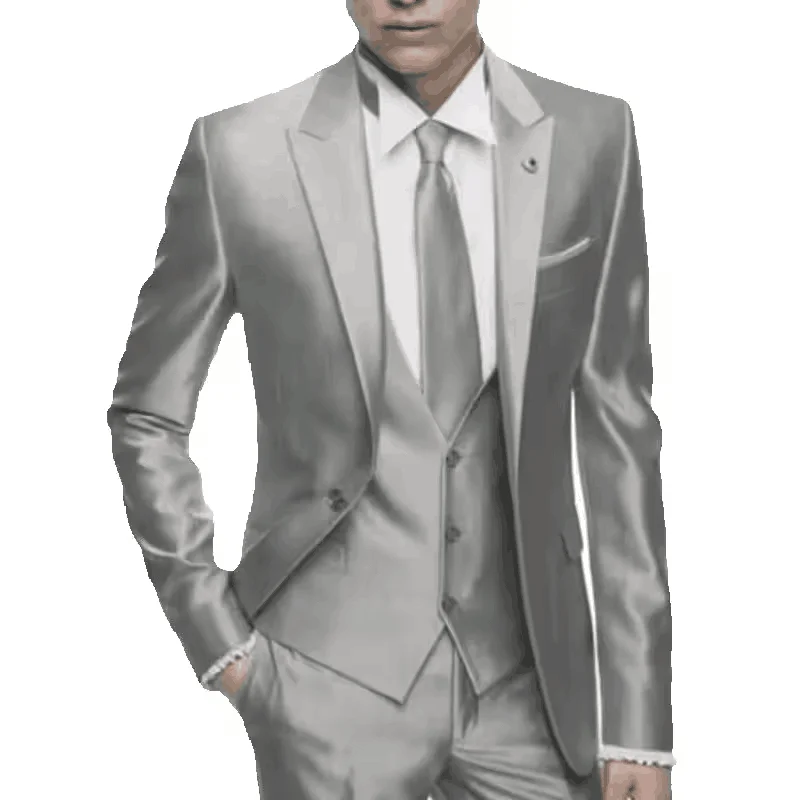

Silver Grey Satin Men Suit Slim Set Formal Wedding Skinny Stylish Male Blazer Party Custom Tuxedo 3 Piece Suits for