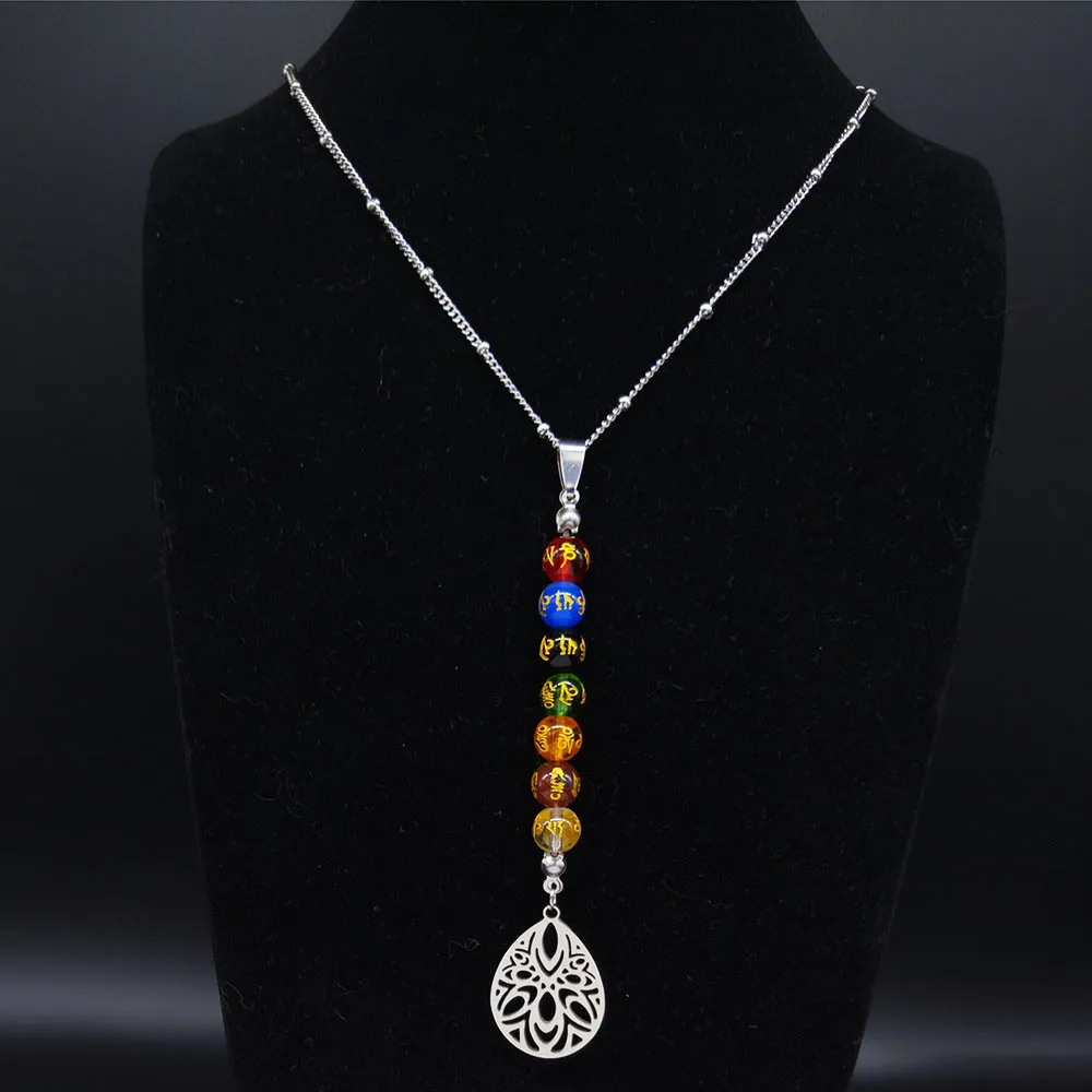 Yoga 7 Chakra Reiki Healing Spiritual Necklace Stainless Steel Lotus Flower of Life Necklace Buddhist Jewelry joyas N3419S07