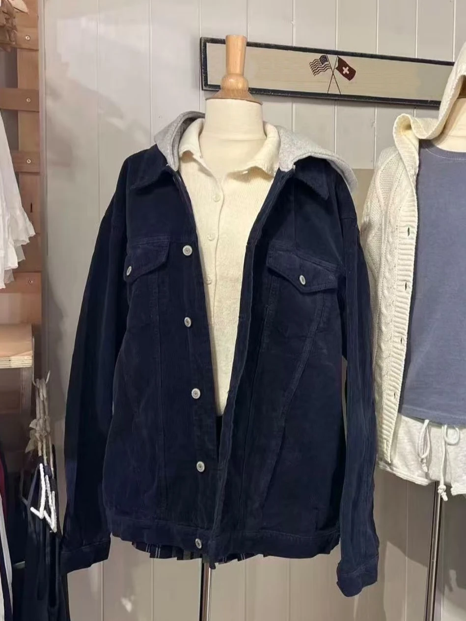 سروال قصير فضفاض سترات سميكة امرأة الشتاء واحدة الصدر طويلة الأكمام مقنعين المرقعة معطف خمر الشارع الشهير ملابس خارجية Y2k